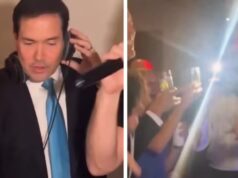 Marco Rubio DJs em casamento, visto usando fones de ouvido e inclinado para fora do convés em vídeo viral