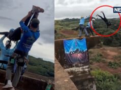 O bungee jumping é coisa do passado. Uma menina foi jogada de uma ponte sem corda. Muito assustador diante das câmeras